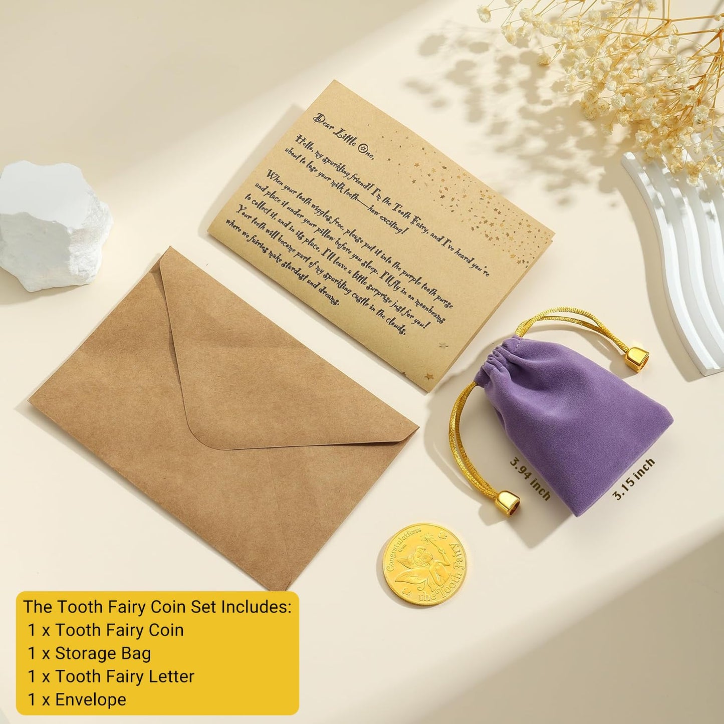 Tooth Fairy Gifts for Boys & Girls,Tooth Fairy Coins Keepsake Kit, Golden Tokens with Tooth Pouch,Letter from Tooth Fairy