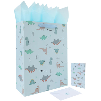 Qirrmiy 16.5'' Extra Large Dinosaur Gift Bag Set with Handles, Greeting Card, Blue Tissue Papers and Stickers for Boys Kids Teens for Birthday, Baby Shower, Baby Boy, Dinosaur-themed Design, 1 Pcs