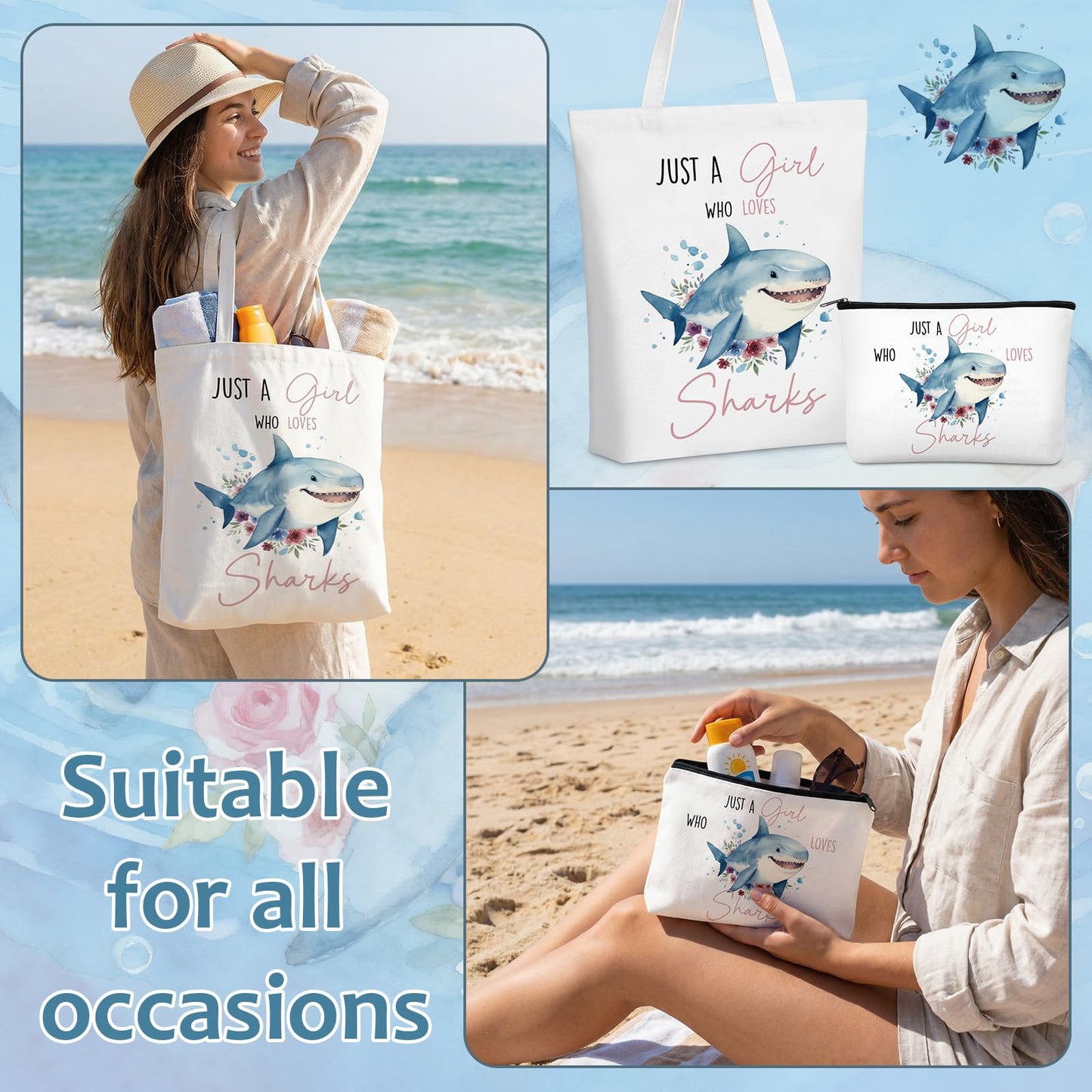 Ceenna 5 Pcs Shark Gifts for Women, Just a Girl Who Loves Shark Cosmetic Makeup Bag, Canvas Bag, A6 Spiral Notebook Lined Journal, Writing Gel Ink Pen and Funny Keychain for Girl Animal Lovers Gift