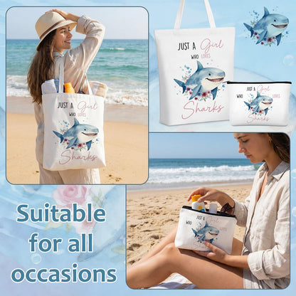 Ceenna 5 Pcs Shark Gifts for Women, Just a Girl Who Loves Shark Cosmetic Makeup Bag, Canvas Bag, A6 Spiral Notebook Lined Journal, Writing Gel Ink Pen and Funny Keychain for Girl Animal Lovers Gift
