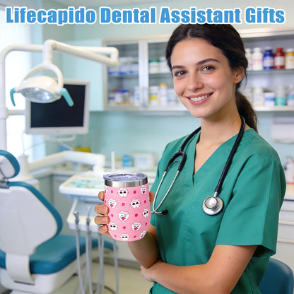 Lifecapido 9Pcs Dental Hygienist Gifts, Dental Assistant Appreciation Gifts Bulk for Coworkers, 12oz Wine Tumbler with Lid & Straw, Tooth Keychains, Stickers for Appreciation Week(Multicolor)