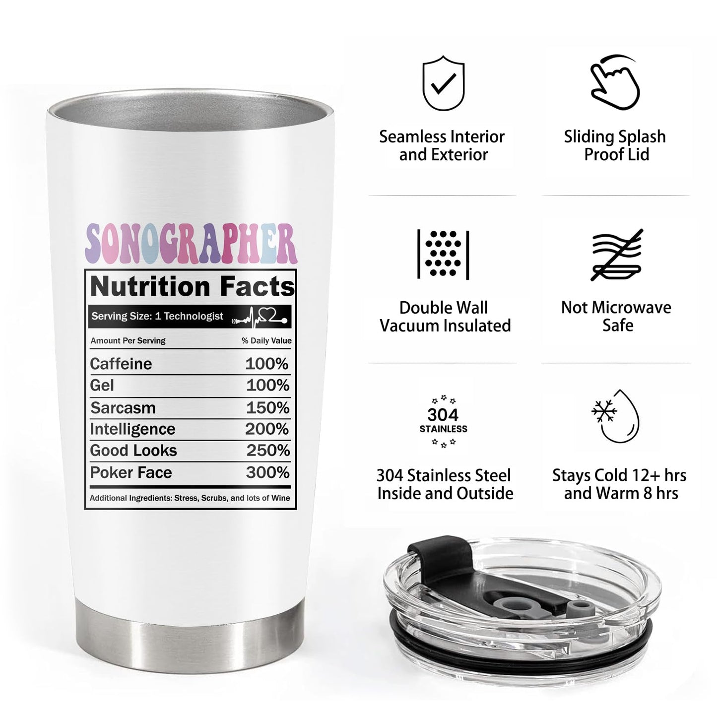 Sonographer Gifts, Ultrasound Tech Student Gifts, Sonographer Stainless Steel Insulated Tumbler with Lid and Straw 20Oz