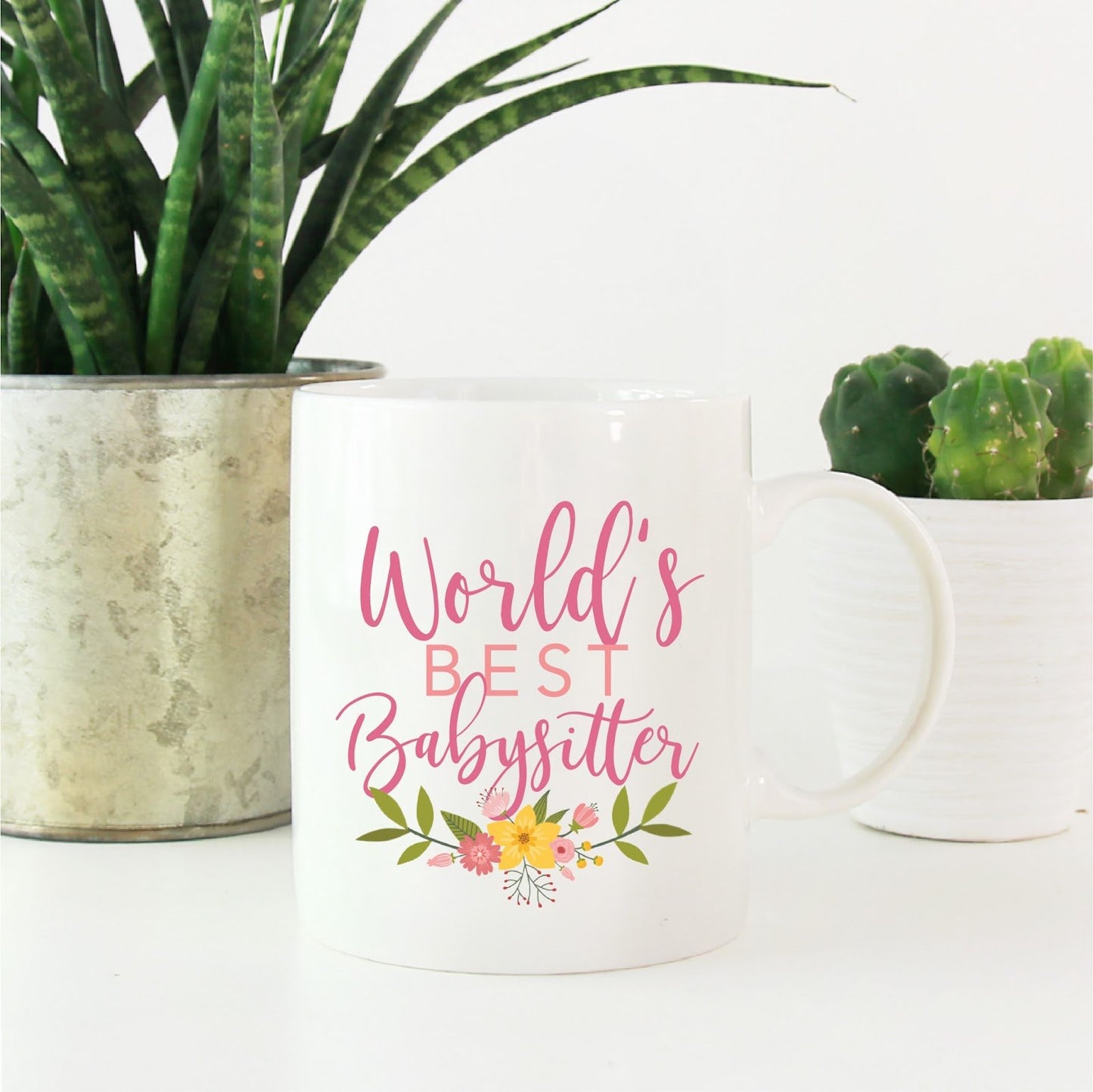 Andaz Press 11oz. Coffee Mug Gag Gift, World's Best Babysitter, Floral Design, 1-Pack, Beautiful Unique Flower Coffee Cup Birthday Christmas