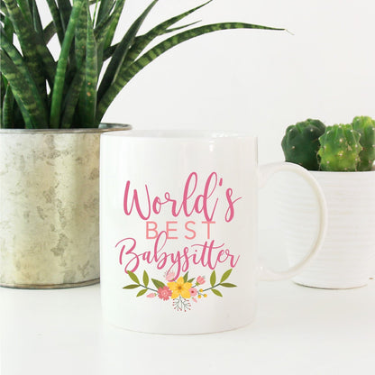 Andaz Press 11oz. Coffee Mug Gag Gift, World's Best Babysitter, Floral Design, 1-Pack, Beautiful Unique Flower Coffee Cup Birthday Christmas
