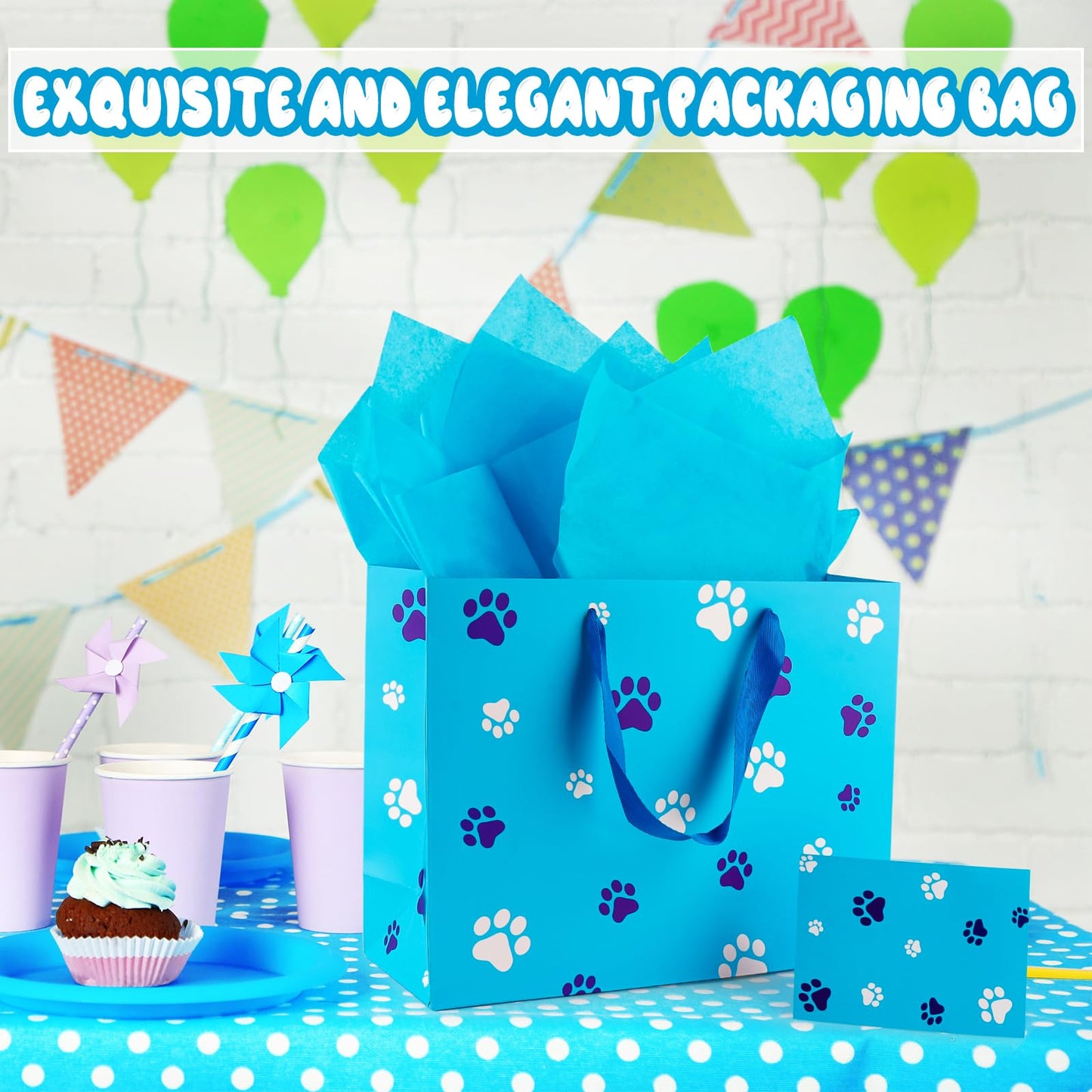 FUNCANDLE 13" Blue Dog Paw Print Gift Bags with Cards Tissue Paper, Blue White Dog Wrapping Paper Dog Themed Party Decoration for Girl Boy Kids Christmas Pet Birthday Gift Party Supplies