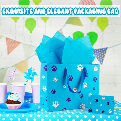 FUNCANDLE 13" Blue Dog Paw Print Gift Bags with Cards Tissue Paper, Blue White Dog Wrapping Paper Dog Themed Party Decoration for Girl Boy Kids Christmas Pet Birthday Gift Party Supplies