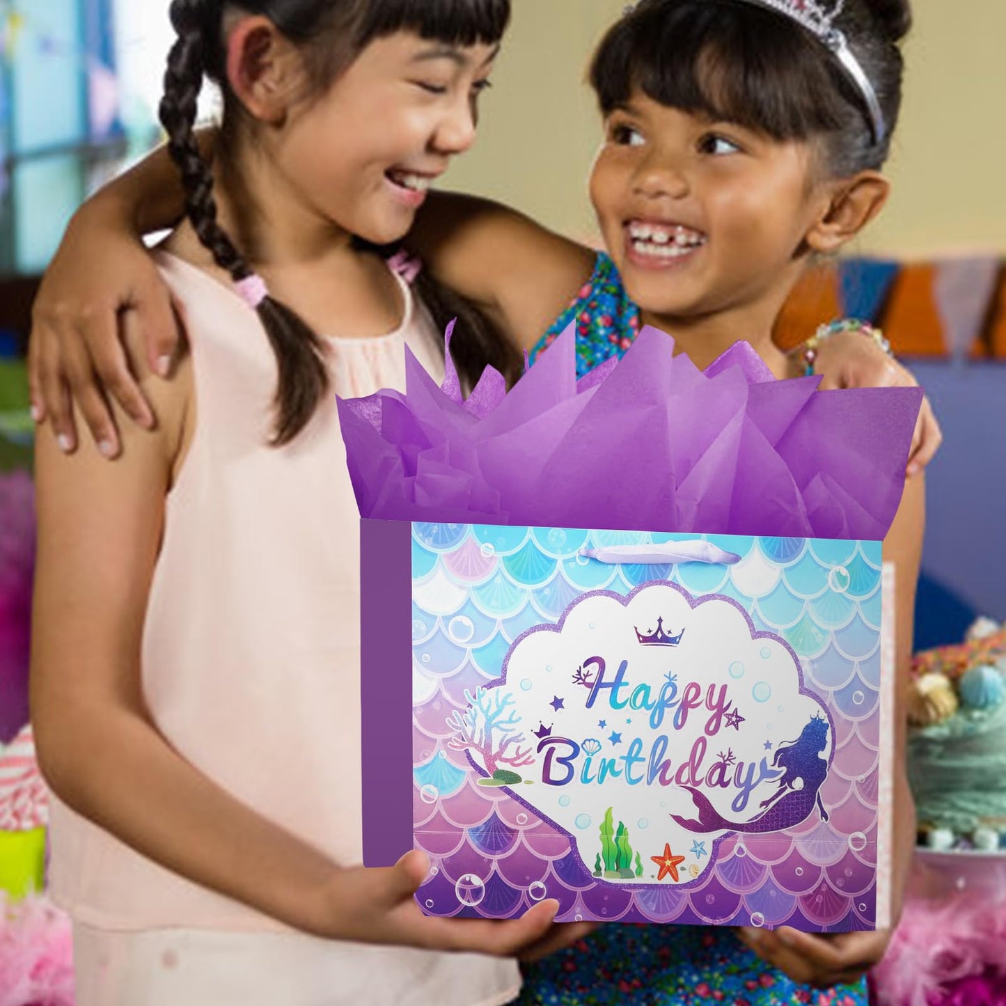 CIEHER Birthday Gift Bags for Girls with Mermaid Greeting Card and Purple Tissue Papers for Birthday Gifts - Mermaid Pattern