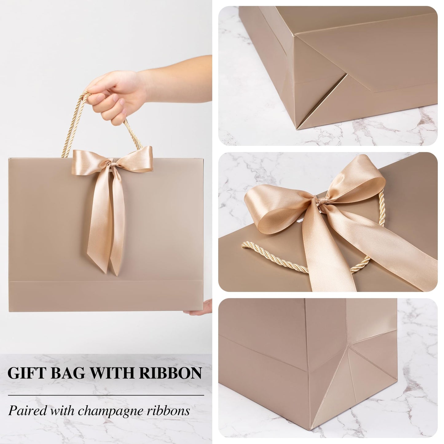 PASEOTA 12.6" Gift Bags Bulk, 10 Pcs Gift Bags with 20 Tissue Paper 10 Greeting Cards, Luxury Bag with Handles for Wedding Birthday Graduation Fathers' Day (Champagne)