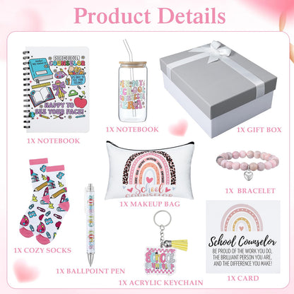 Remerry 10 Pcs School Counselor Appreciation Gifts End of School Year Teacher Gifts Set for Women Include Tote Bag Cosmetic Bag Glass Cup Card Bracelet Socks Notebook Pen for Educator
