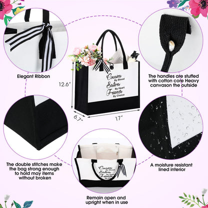 Pickmesh 7 Pack Cousin Gifts for Women, Thank You Best Cousin Ever Themed Gift for Birthday, Canvas Tote Bag, Makeup Bag, 16 oz Coffee Glass Cup, Socks, Stone Bracelet, Greeting Card and Box