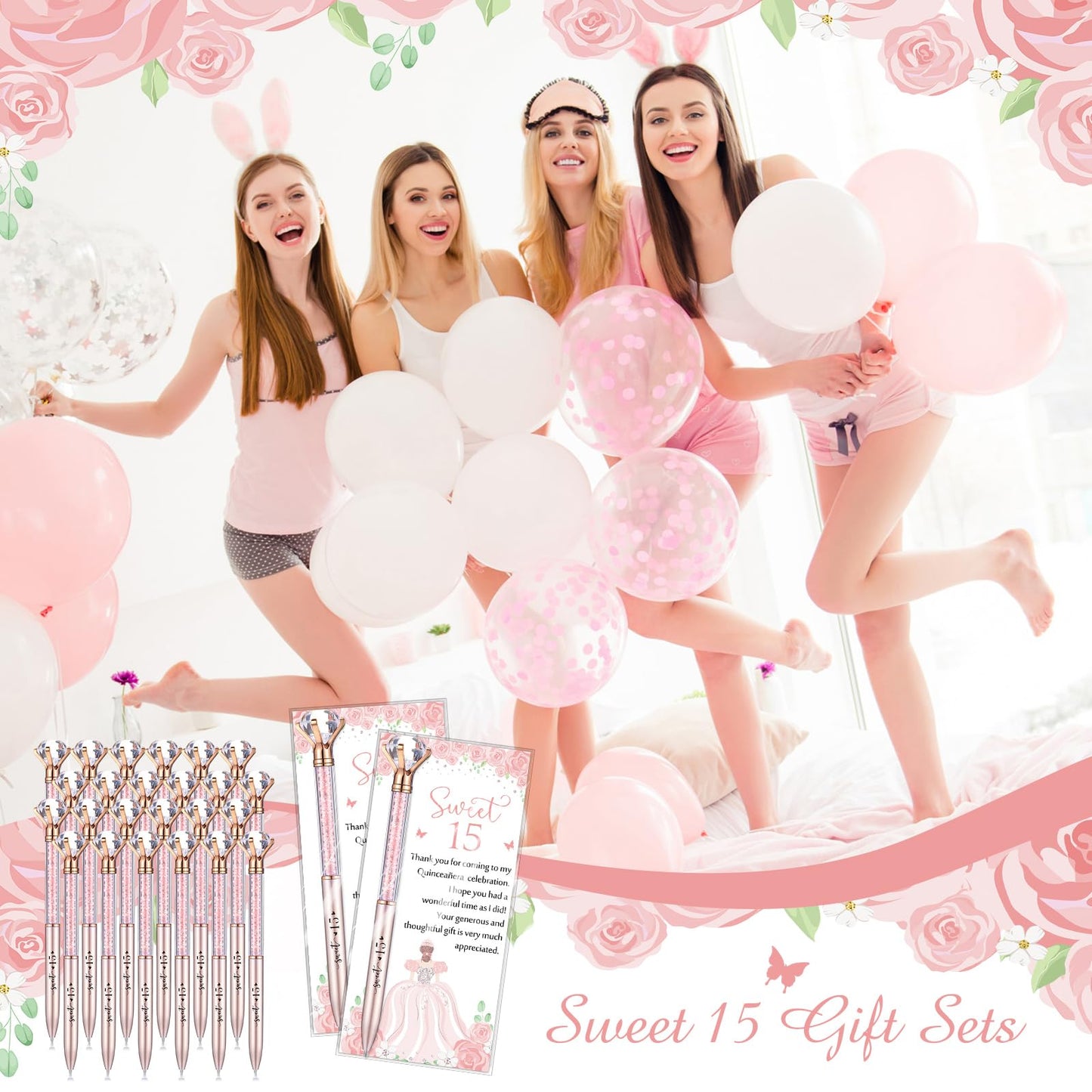 Sayglossy 50 Sets Quinceanera Party Favors Sweet 15th Thank You Gifts Diamond Pens with Thank You Cards Retractable Ballpoint Bling Pens 15 Birthday Gifts for Guests (Rose Gold)