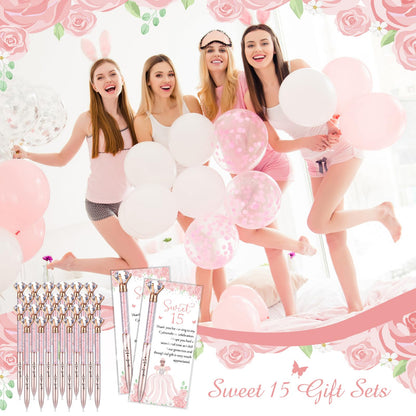 Sayglossy 50 Sets Quinceanera Party Favors Sweet 15th Thank You Gifts Diamond Pens with Thank You Cards Retractable Ballpoint Bling Pens 15 Birthday Gifts for Guests (Rose Gold)