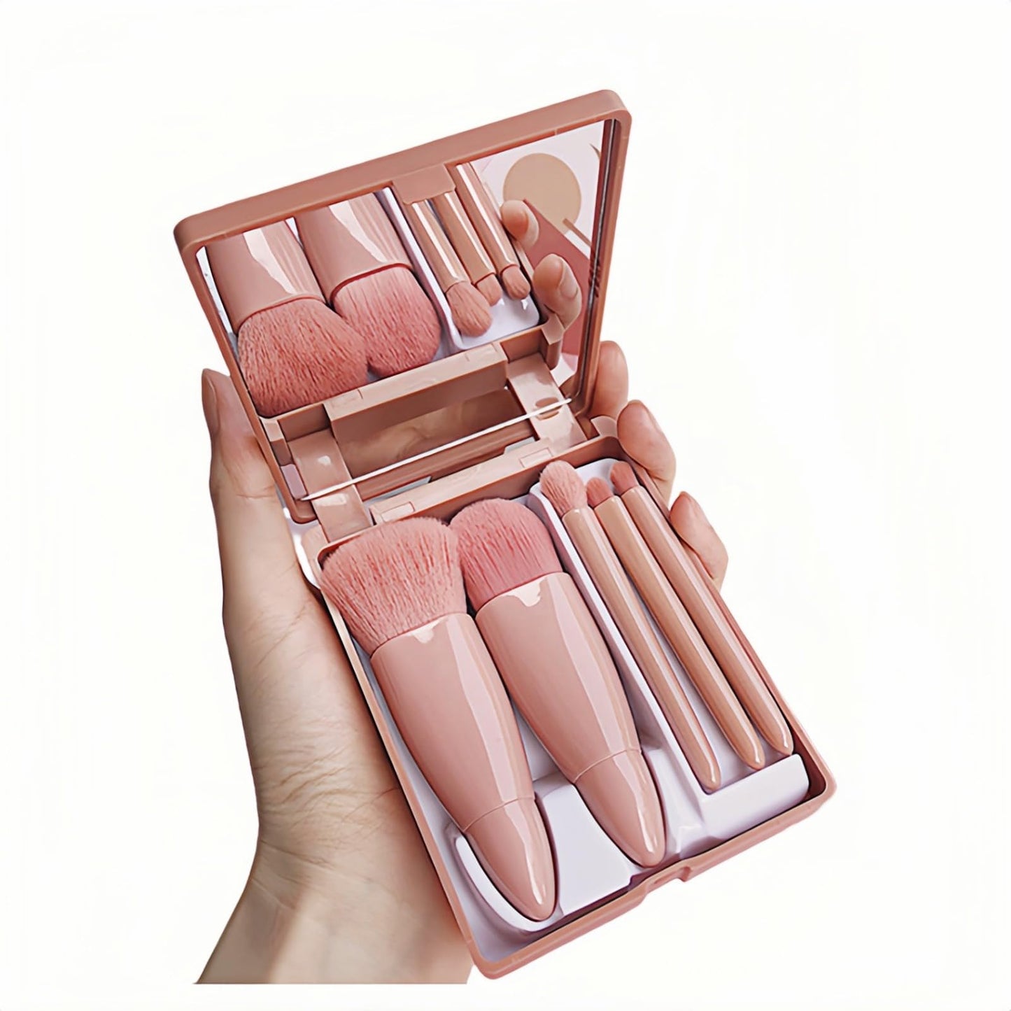 5-Piece Professional Makeup Brush Set with Mirror & Travel Case Hypoallergenic Vegan Bristles for Sensitive Skin Luxury Gift-Ready Box,Portable Cosmetic Kit for Brides,Travel,On-the-Go Touchups (Pink)