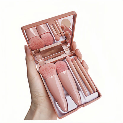 5-Piece Professional Makeup Brush Set with Mirror & Travel Case Hypoallergenic Vegan Bristles for Sensitive Skin Luxury Gift-Ready Box,Portable Cosmetic Kit for Brides,Travel,On-the-Go Touchups (Pink)