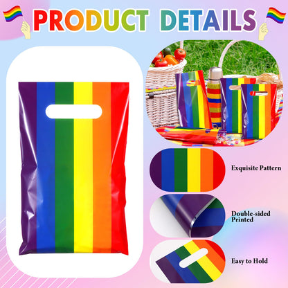 Engrowtic 100 Pcs Gay Pride Day Rainbow Gift Bags with Handle Lgbt Party Favor Reusable Rainbow Striped Plastic Snack Treat Goody Candy Bag for Summer Birthday Wedding Party Supplies 9.84'' x 6.5''