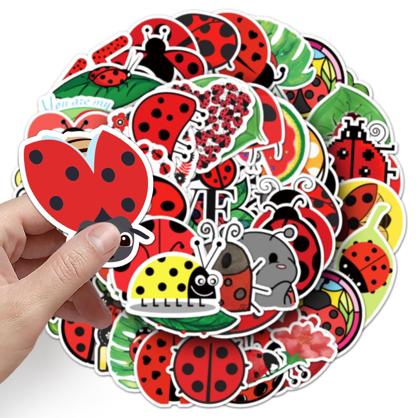 50 Pcs Cute Ladybug Stickers - Waterproof Vinyl Ladybug Decals with Love/Fruit Motifs for Skateboard, Laptop, Fridge & Luggage (Assorted Adorable Ladybug Designs)(Ladybug)
