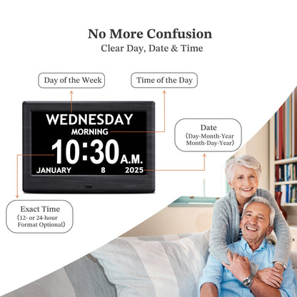 7'' Digital Clocks, 12 Reminders & 6 Alarms, Dementia Clock with Date and Time for Elderly, Auto-Dimming, Button & Remote Control, Auto DST, Digital Calendar for Seniors Large Display, Black Woodgrain