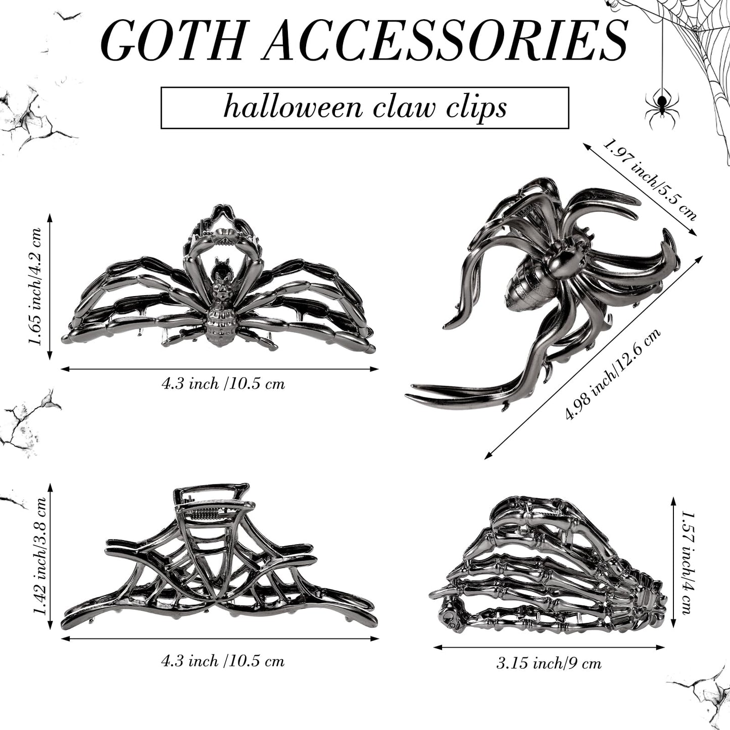 Obeoby 4 Pcs Metal Hair Clips for Women, Large Hair Claw Clips for Thick Long Hair Styling with Spider Webs Skeleton Decor, Goth Accessories Hair Accessories Birthday Valentines Day Gifts (Black)