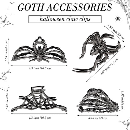 Obeoby 4 Pcs Metal Hair Clips for Women, Large Hair Claw Clips for Thick Long Hair Styling with Spider Webs Skeleton Decor, Goth Accessories Hair Accessories Birthday Valentines Day Gifts (Black)