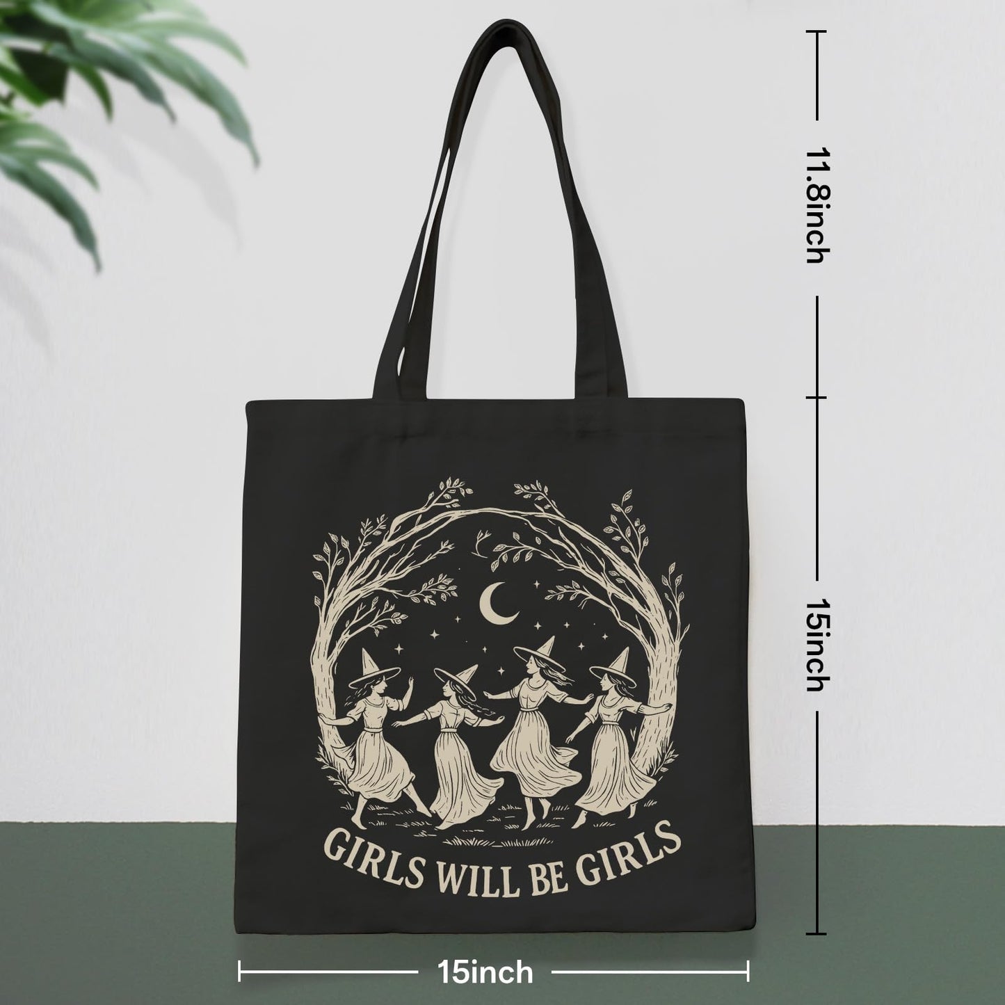 Girls Will Be Girls Witchy Canvas Tote Bag– Aesthetic Witchy Gifts for Women, Cute Spooky Reusable Travel Tote, Witch Inspired Canvas Gift, Black
