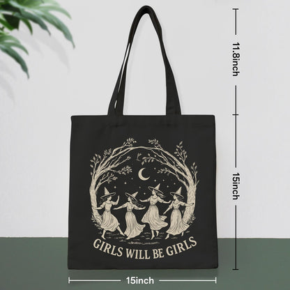Girls Will Be Girls Witchy Canvas Tote Bag– Aesthetic Witchy Gifts for Women, Cute Spooky Reusable Travel Tote, Witch Inspired Canvas Gift, Black