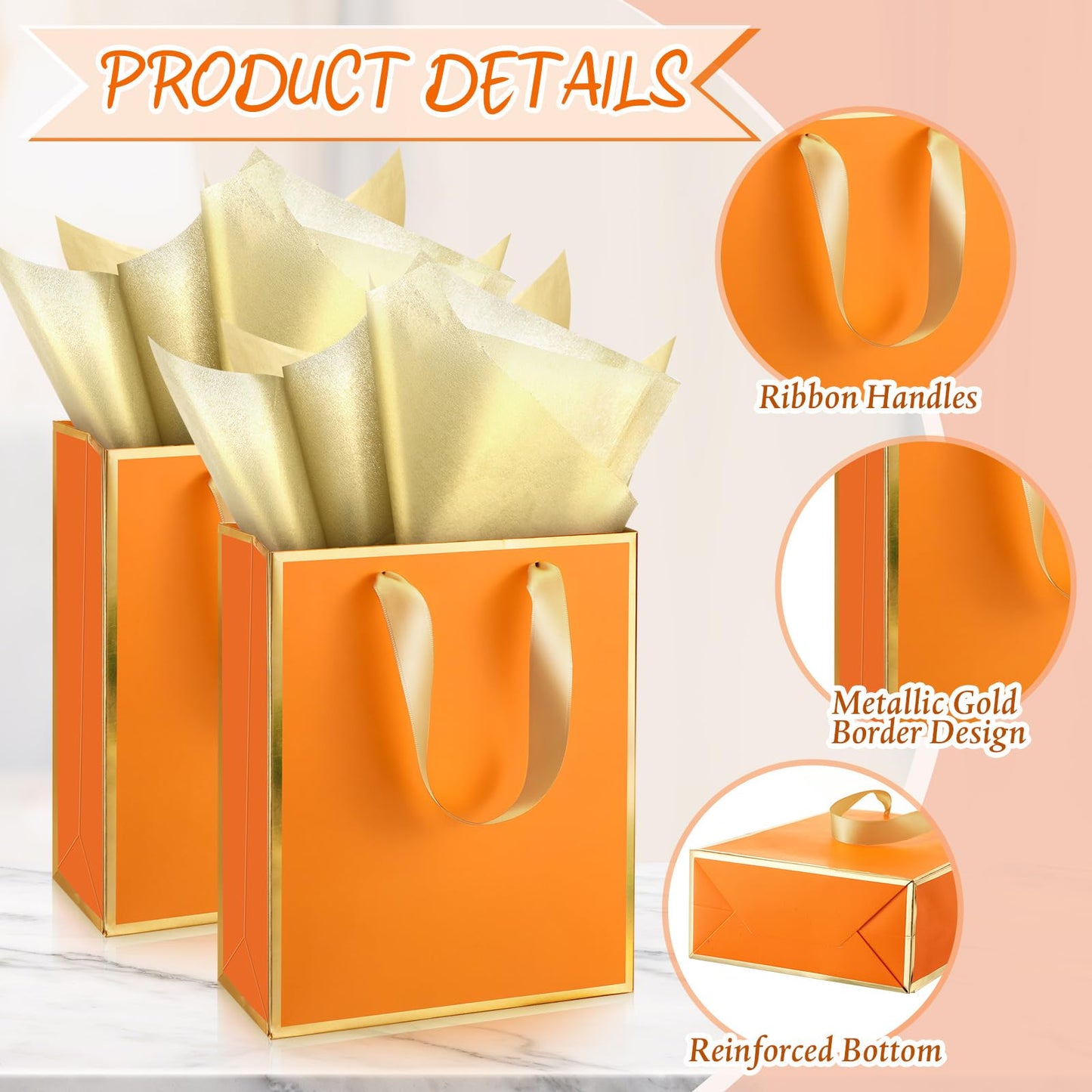 Yeaqee 24 Pack Metallic Paper Gift Bags with Handle and Tissue 9x7x3.1 Gold Foil Welcome Thank You Favor Bags Return Gifts for Wedding Graduation Bridesmaid Groomsmen Birthday(Orange, Gold)