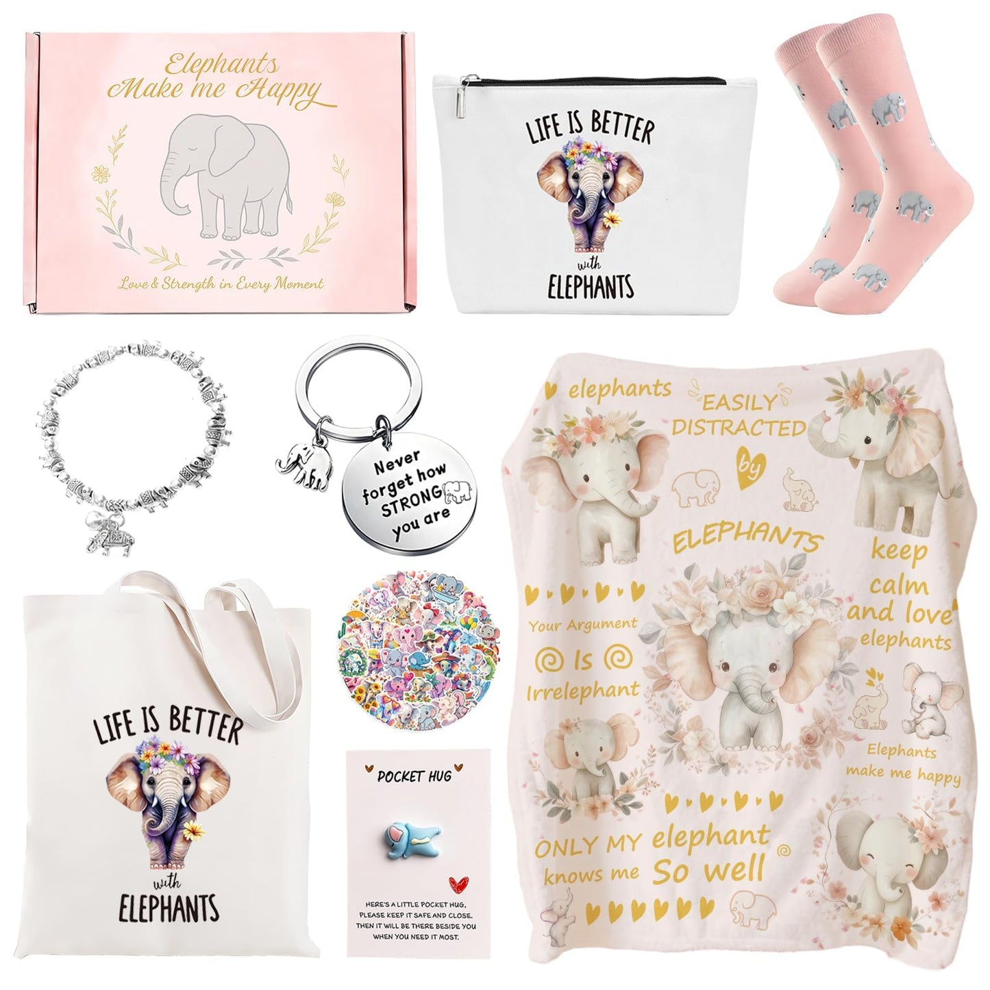 Elephant Gifts for Women, 8pcs Elephant Gift Set With Blanket,Birthday Present With Tote Bag,Novelty Socks For Daughter,Mom,Sister,Friends