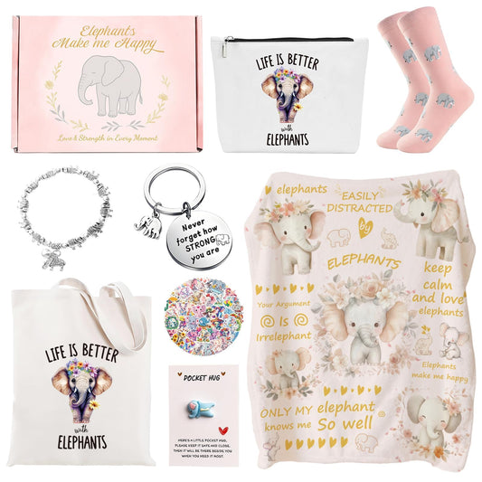 Elephant Gifts for Women, 8pcs Elephant Gift Set With Blanket,Birthday Present With Tote Bag,Novelty Socks For Daughter,Mom,Sister,Friends