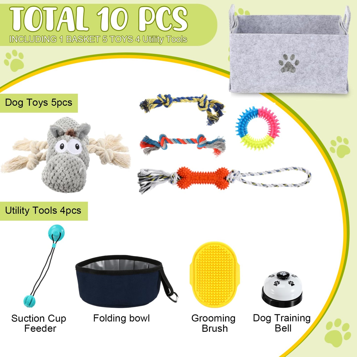 Zopeal New Puppy Gift Basket Dog Toy Pet Accessories Portable Travel Bowl, Grooming Brush, Squeaky Toy, Suction Cup Feeder, Chew Ropes, for Dog Birthday Gifts Puppy Necessities