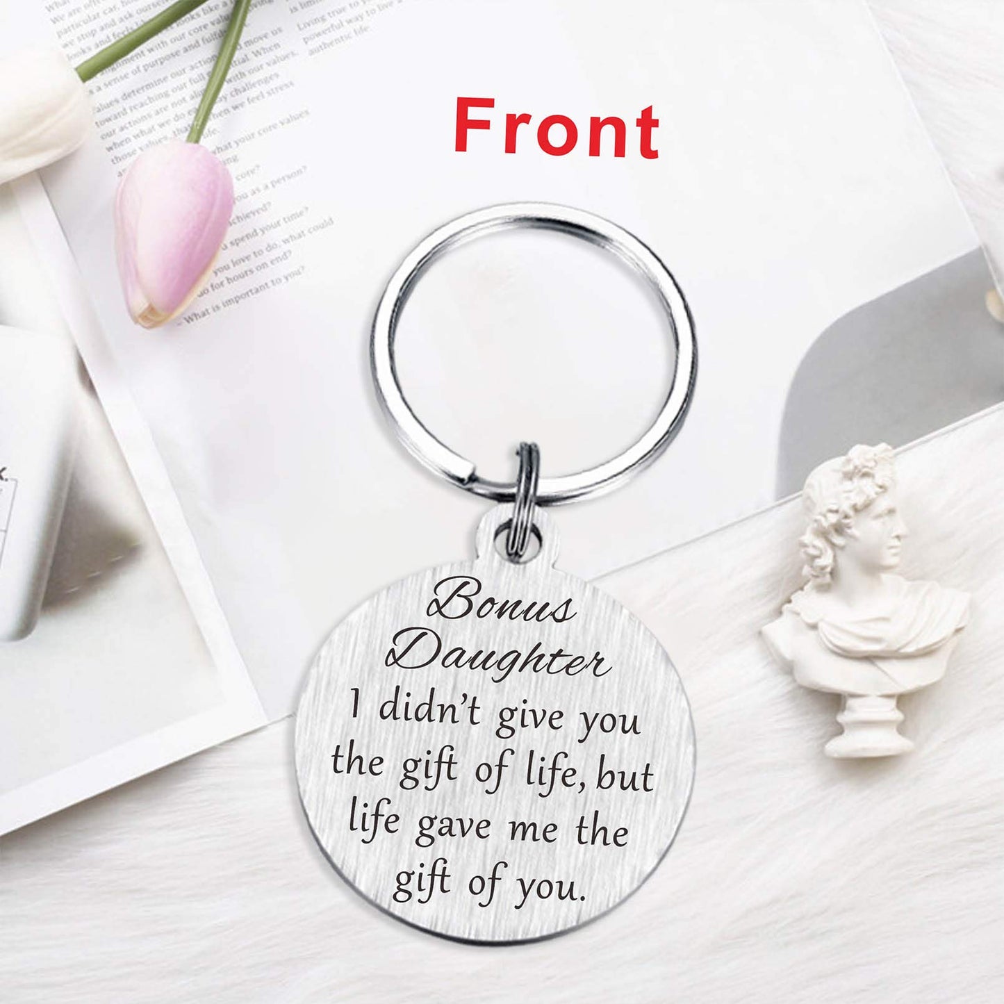 Bonus Daughter Gifts, Mothers Day Stepdaughter Keychain for Graduation Christmas Birthday, Metal Engraved