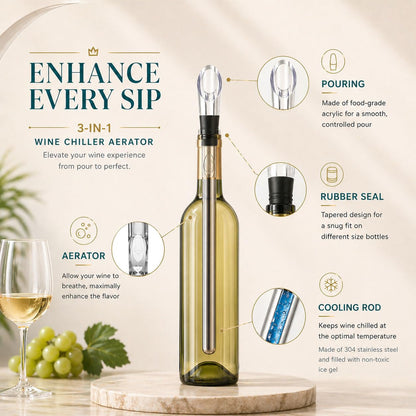 Wine Chiller, 3-in-1 Stainless Steel Wine Bottle Cooler Stick - Rapid Iceless Wine Chilling Rod with Aerator and Pourer - The Best Wine Accessories Gift