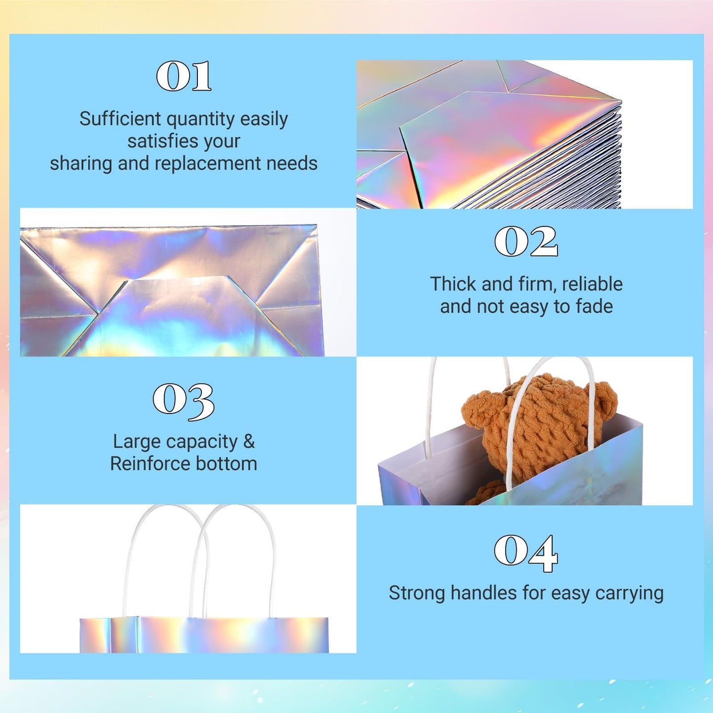 IMengjbang 40 Pcs Iridescent Gift Bags with Handle, 8.3 x 5.9 x 3.1 Inch Holographic Glossy Paper Goodie Bags Reusable Glitter Party Favor Tote for Birthday Wedding Bachelorette Party Boutique
