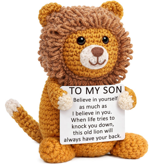 Son Gifts from Mom, Graduation Birthday Crochet for Teen Boy College Military Adult, Lion Encouragement Present to My Son from Mother Dad Father, Inspirational Keepsake Gift Desk Decorations