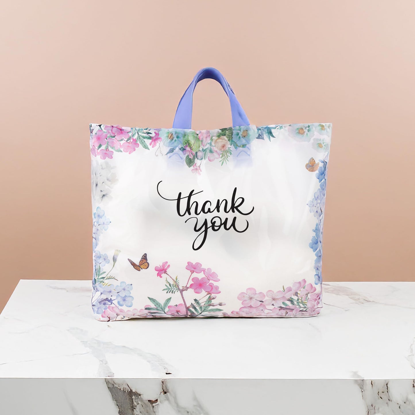 Purple Q Crafts Thank You Bags With Soft Loop Handle for Business Retail, Boutique Bulk 50 Pack 15" W x 12" H Floral Plastic Shopping Bags/Gift Bags Perfect For Mothers Day