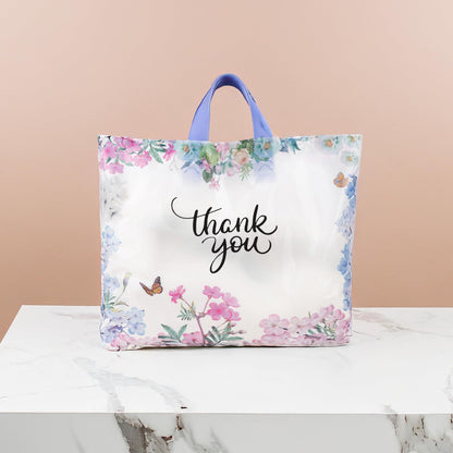Purple Q Crafts Thank You Bags With Soft Loop Handle for Business Retail, Boutique Bulk 50 Pack 15" W x 12" H Floral Plastic Shopping Bags/Gift Bags Perfect For Mothers Day