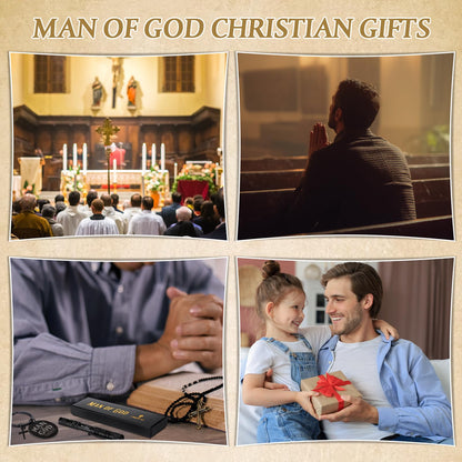 Kosiz 5 Pcs Man of God Father's Day Christian Gifts for Men Leather Journal Notebook Cross Keychain Waterproof Pocket Flashlight with Clip Bible Verse Pen with Pen Box Pastor Baptism Gifts