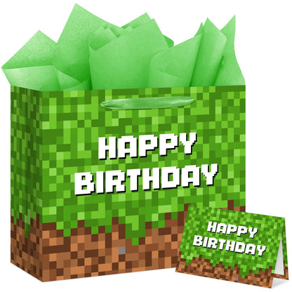 13" Large Green and Brown Pixel Birthday Gift Bag with Tissue Paper and Greeting Card Pixel Miner Theme Party Favor Bags Video Game Party for Boys Girls Kids Teenagers Birthday Decor