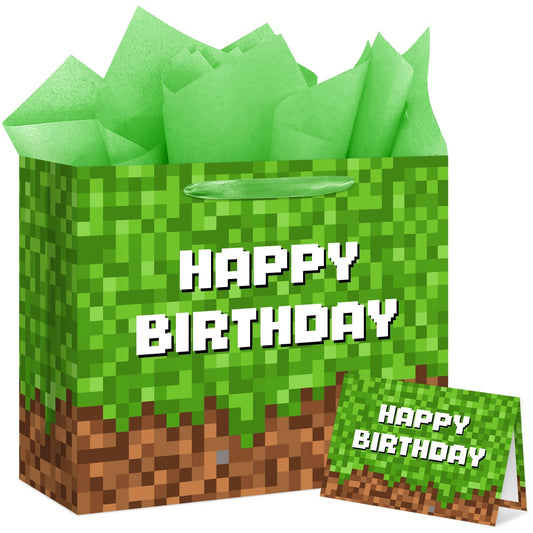 13" Large Green and Brown Pixel Birthday Gift Bag with Tissue Paper and Greeting Card Pixel Miner Theme Party Favor Bags Video Game Party for Boys Girls Kids Teenagers Birthday Decor