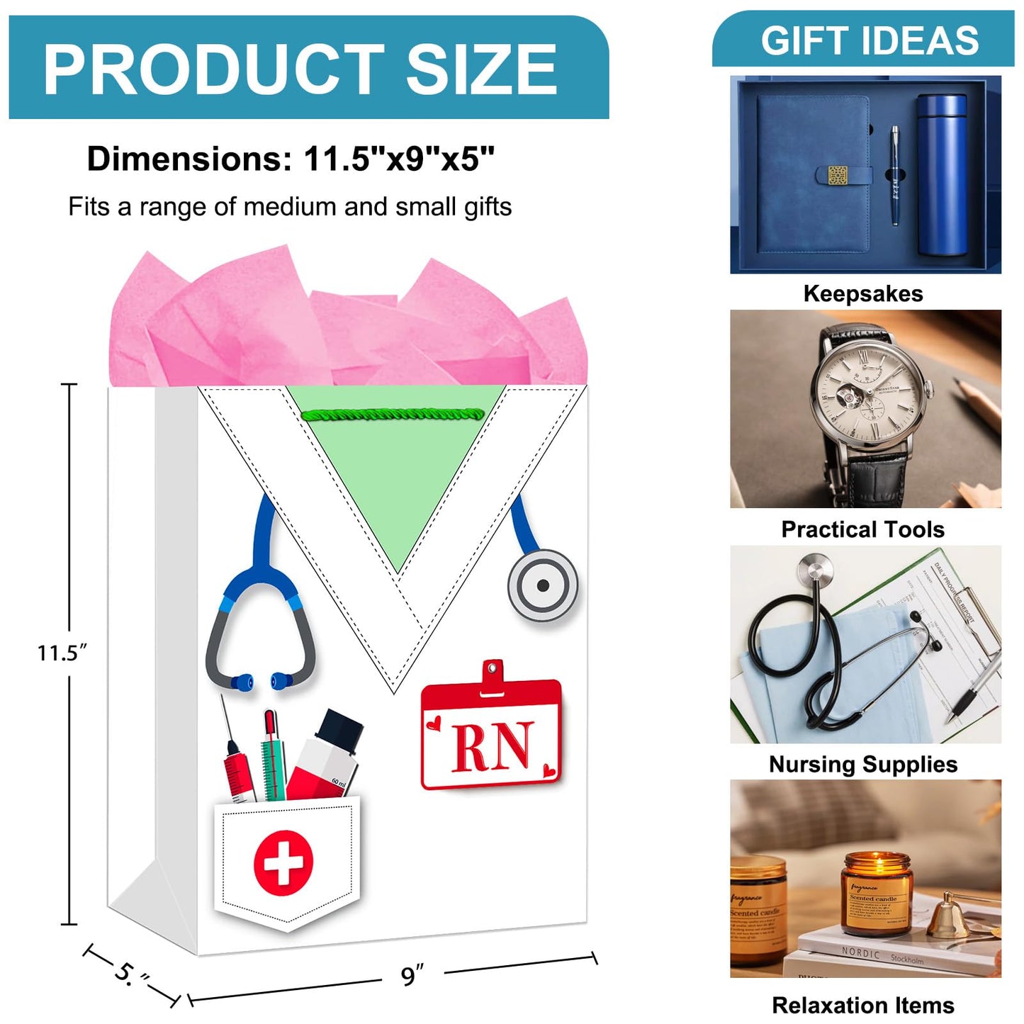 WhatSign RN Graduation Gifts Bag - for Nurse Graduation with Handle 11.5" Nursing School Gifts Bag with Tissue Paper Nurse Week RN Gift for New Nurses Medical School Party Favor
