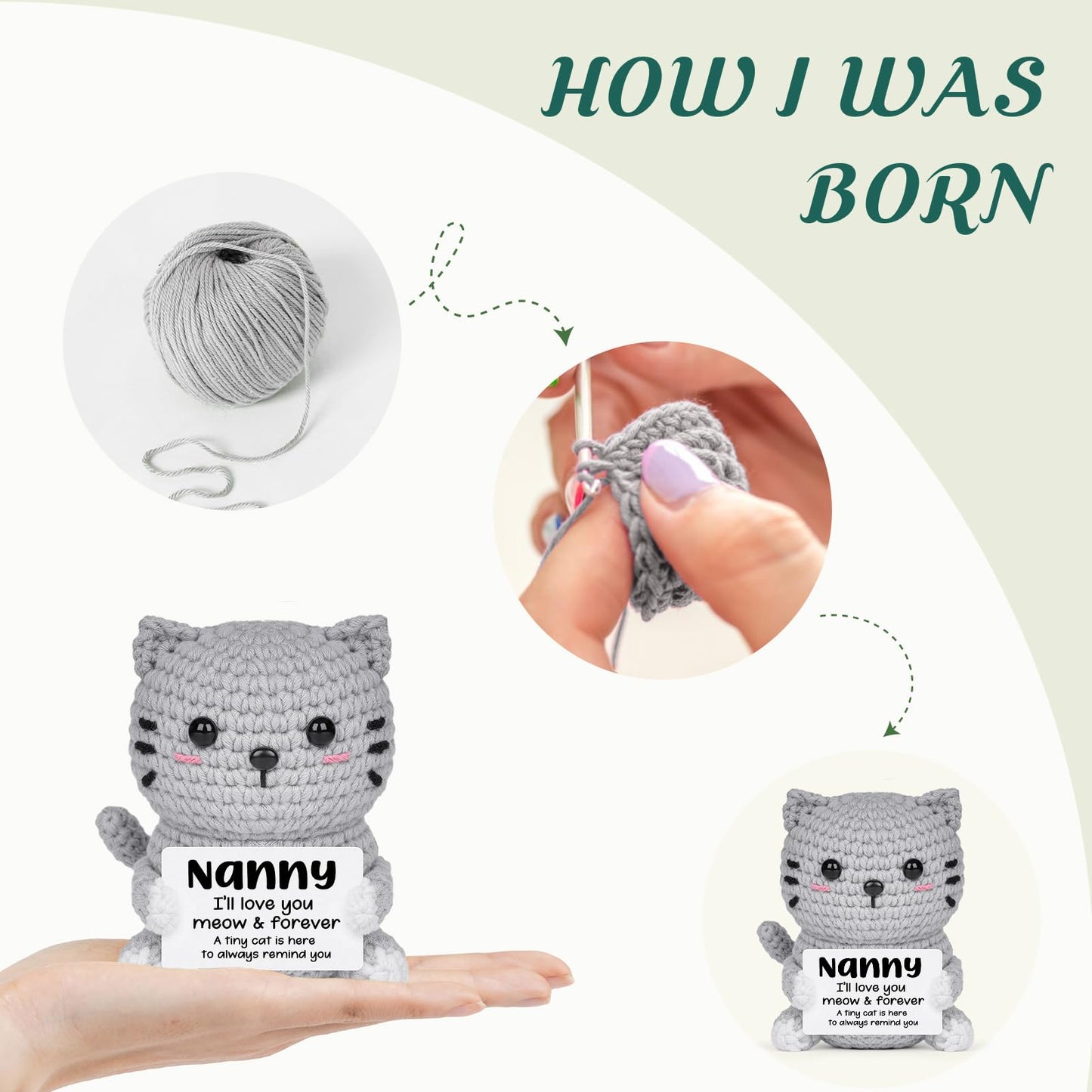 AceThrills Nanny Gifts, Birthday Gift for Nanny from Granddaughter Grandson, Grandma Handmade Emotional Positive Mini Crochet Cat