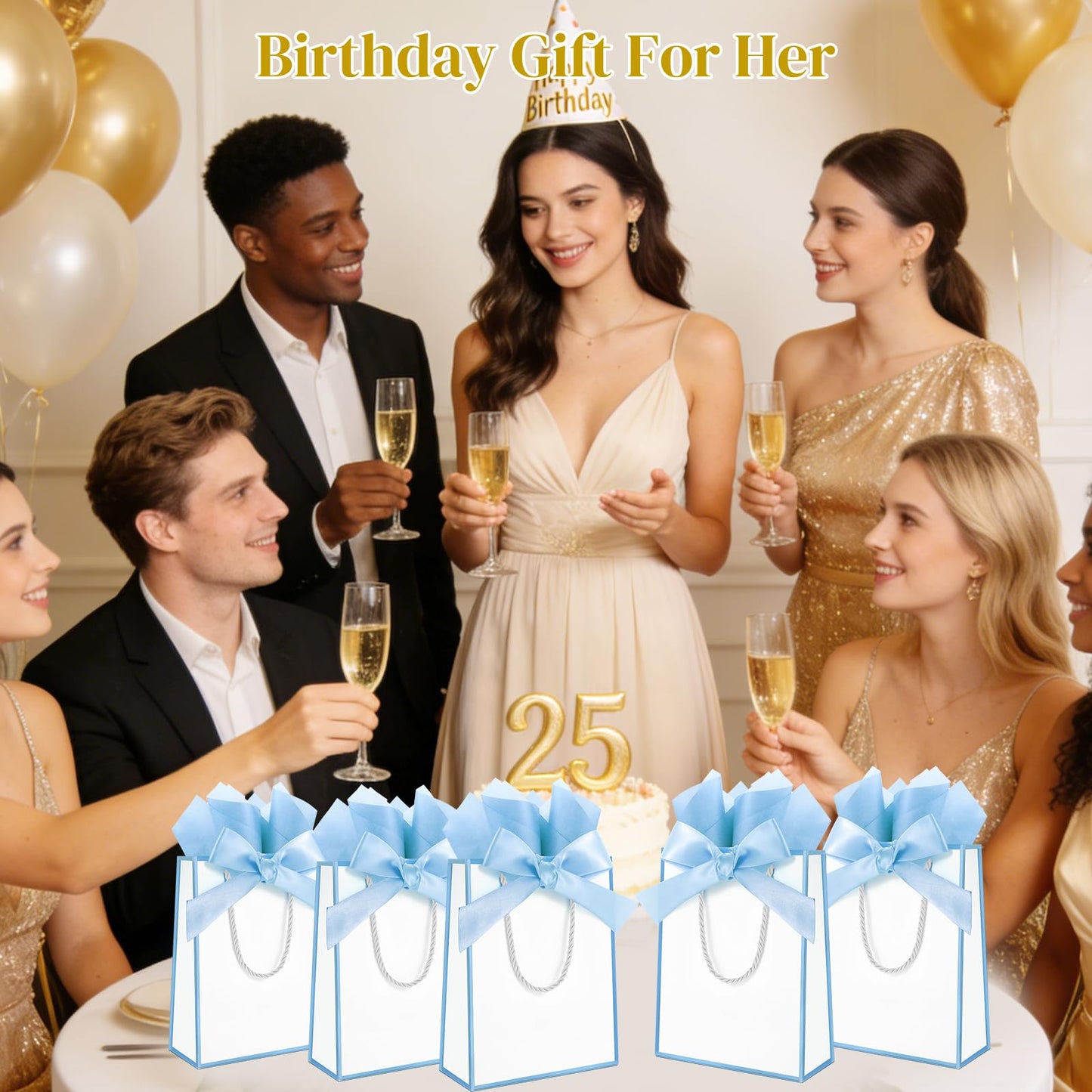 Ethhqu 12 Pack Small Gift Bags with Handles Include Tissue Papers & Cards, 9x7x3.15'' Thank You Gift Bags for Birthday, Baby Shower, Wedding, Bridesmaids, Anniversary, Mother’s Day (White and Blue)