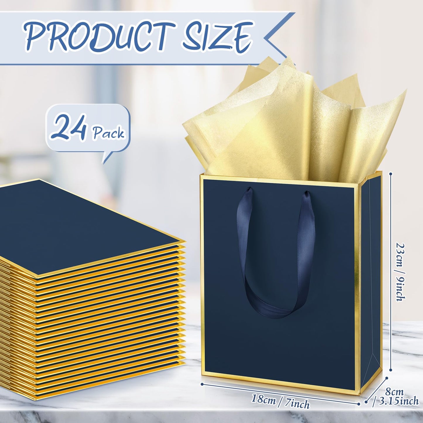 Yeaqee 24 Pack Metallic Paper Gift Bags with Handle and Tissue 9x7x3.1 Gold Foil Welcome Thank You Favor Bags Return Gifts for Wedding St. Patrick's 5 Senses Bridesmaid Birthday(Navy Blue, Gold)