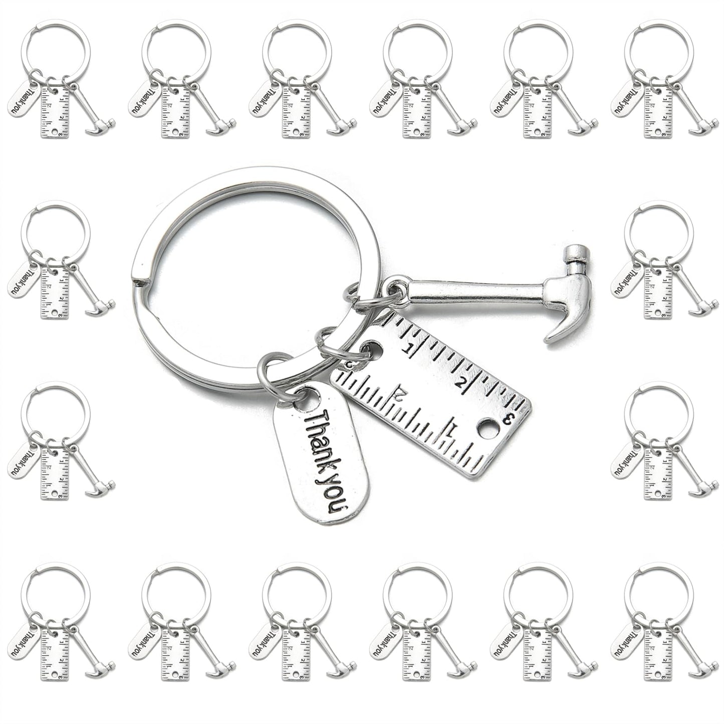 PHAETON 20PCS Toolbox Pendant Keychain Hammer & Ruler Charm Keychain with Thank You Tag for Dad, Father’s Day Birthday Gifts Builders, Construction Team, Handyman Appreciation Keyring