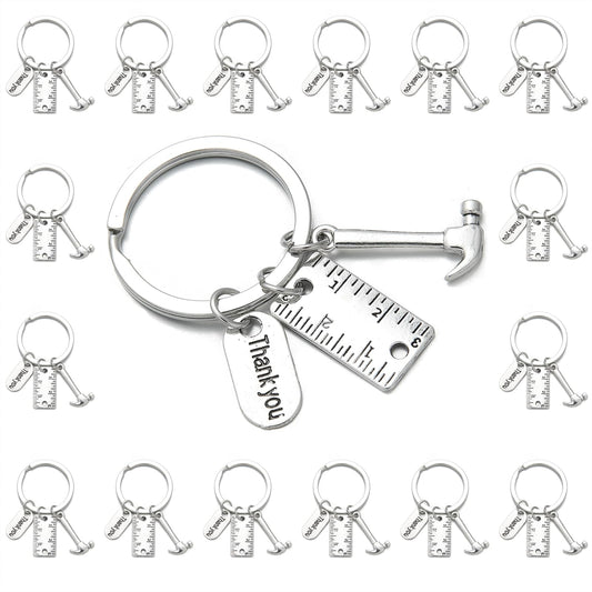 PHAETON 20PCS Toolbox Pendant Keychain Hammer & Ruler Charm Keychain with Thank You Tag for Dad, Father’s Day Birthday Gifts Builders, Construction Team, Handyman Appreciation Keyring