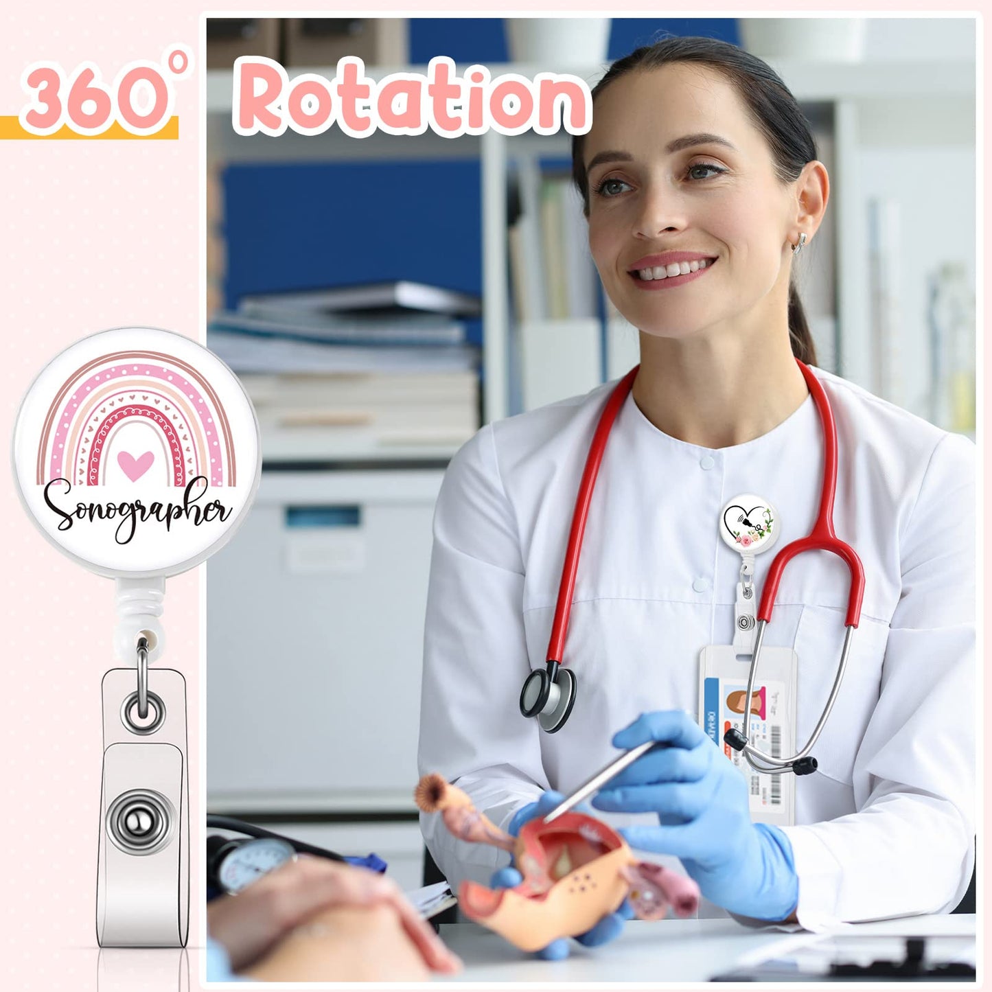 XunYee 3 Pcs Nurse Week Employee Appreciation Gifts Ultrasound Tech Badge Reel Retractable Rainbow Uterus Sonographer Badge Holder ID Name Card Medical Reel for Nurse Rn Office Worker Employee