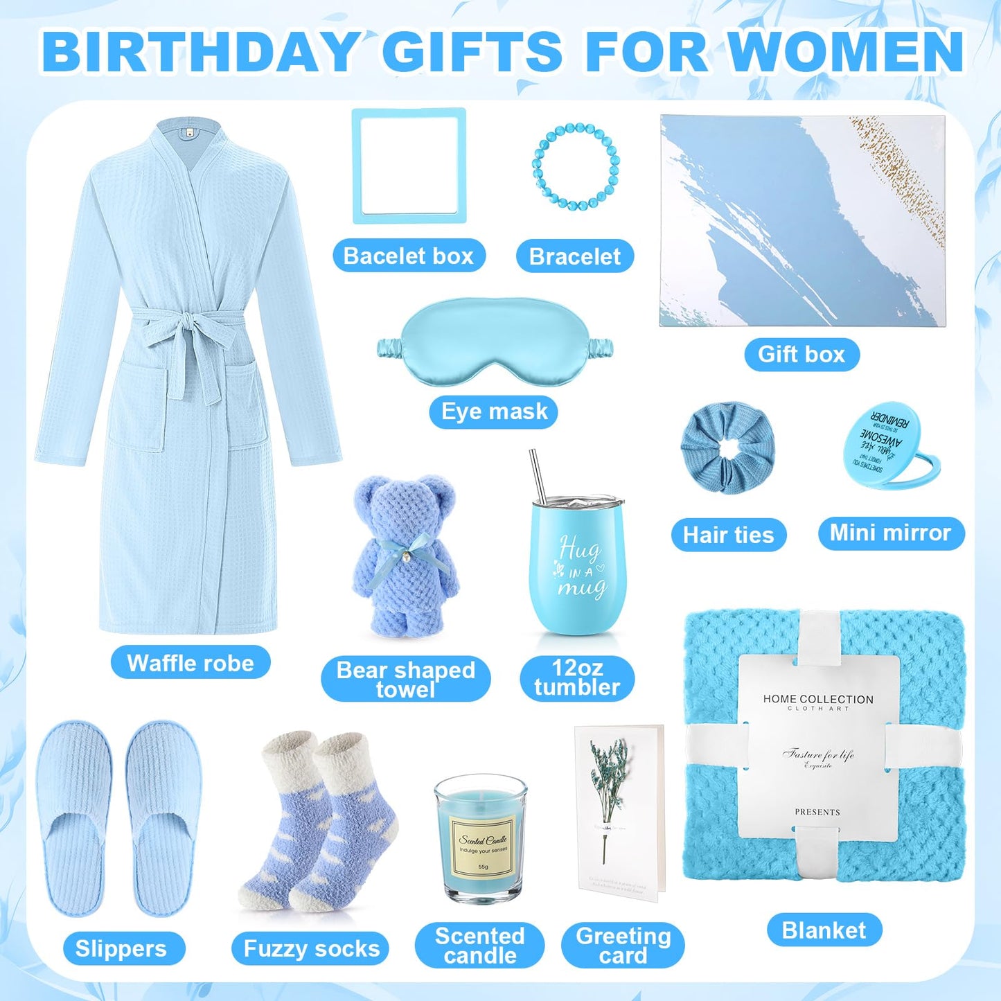 Sieral 14 Pcs Birthday Gifts for Women Care Blanket Gifts Set Spa Baskets Get Well Soon Gift Baskets Mother's Day Gift for Women Mom Her Girlfriend Sister Daughter Friend Wife Grandma(Plain,Blue)