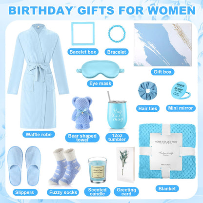 Sieral 14 Pcs Birthday Gifts for Women Care Blanket Gifts Set Spa Baskets Get Well Soon Gift Baskets Mother's Day Gift for Women Mom Her Girlfriend Sister Daughter Friend Wife Grandma(Plain,Blue)