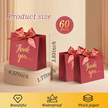 60Pack Small Thank You Gift Bags, 4.5x1.8x3.9 Inches Red Mini Paper Gift Bags Bulk with Ribbon For Wedding Candy favor Birthday Party Favor Baby Shower Anniversary
