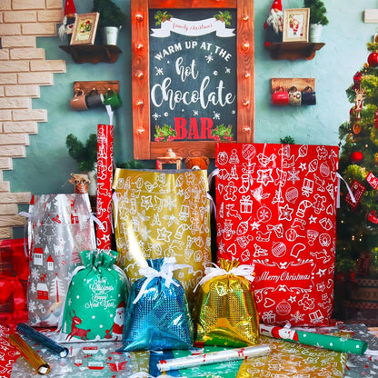 HRX Package 30pcs Foil Drawstring Christmas Gift Bags Assorted Sizes, Holiday Gift Wrapping Sacks Xmas Pouches for Presents