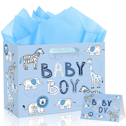 Baby Boy Gift Bag Animal Baby Shower Paper Gift Bag with Tissue Paper and Greeting Card, Blue Animal Baby Boy Birthday Wrapping Paper Bag for Kids Boys Baby Shower Birthday Party Decorations Supplies